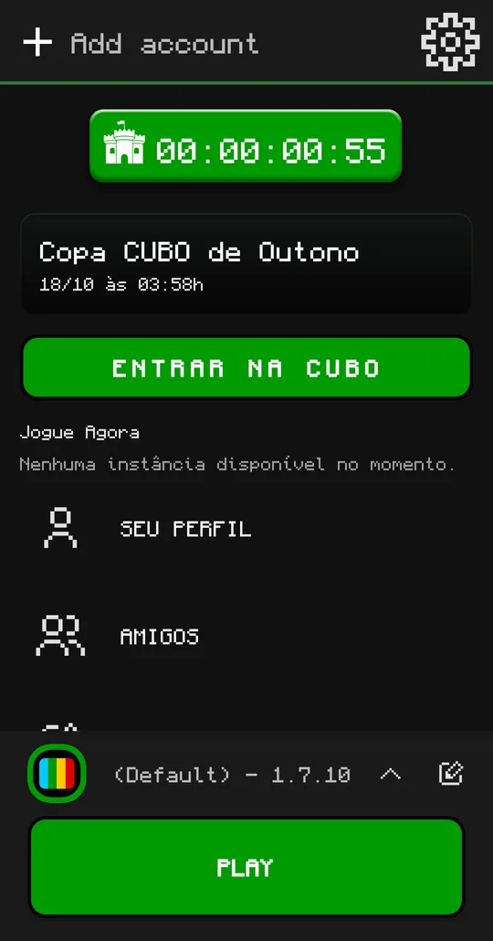 Tela inicial no celular, com a contagem do evento e o botão Entrar na CUBO