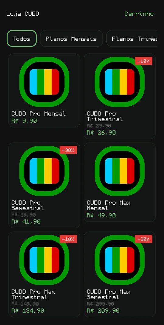 Loja da CUBO no celular, com os planos e os descontos