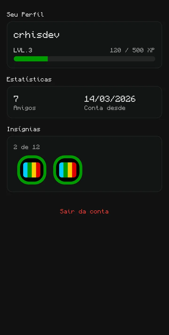 Perfil no celular, com nível, estatísticas e insígnias