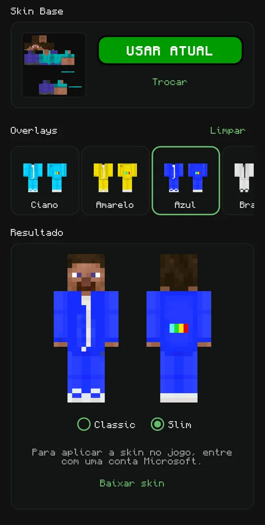 Editor de skin no celular, com overlay azul aplicado