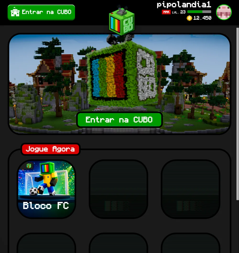 Tela inicial do CUBO App, com o banner da CUBO e o Bloco FC em Jogue Agora
