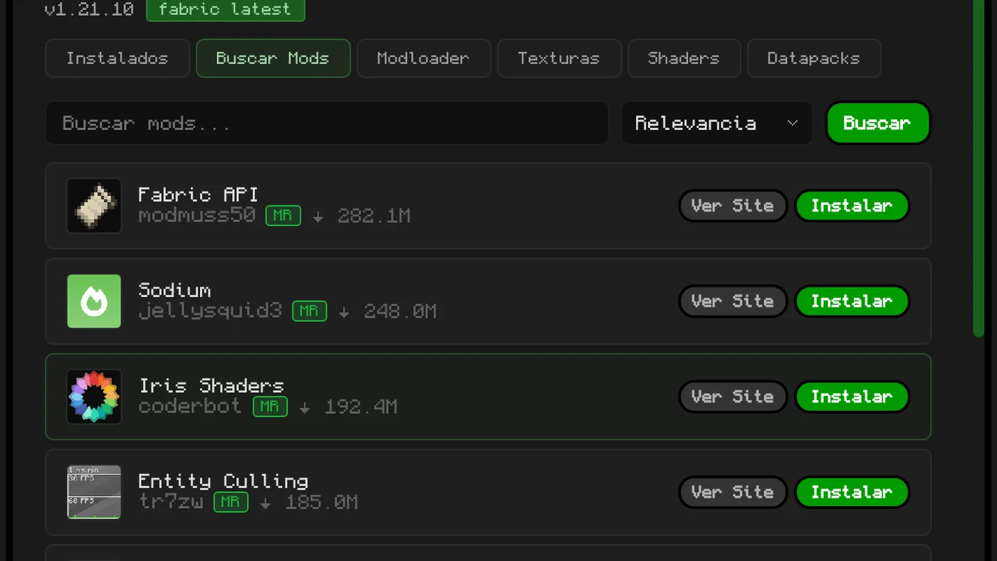 Busca de mods dentro de uma instância