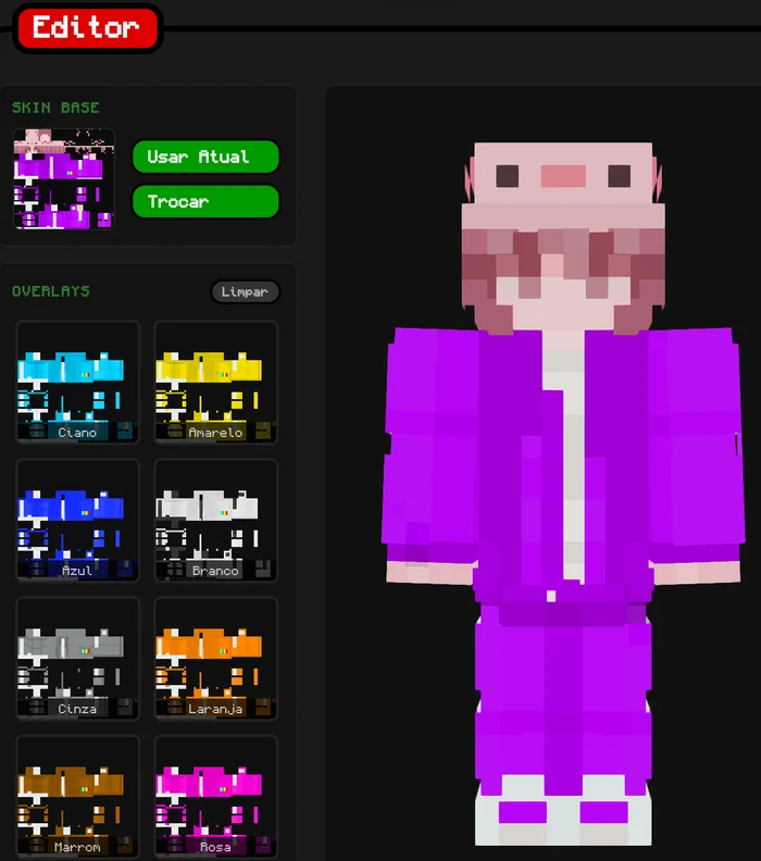 Editor de skin com o boneco em 3D